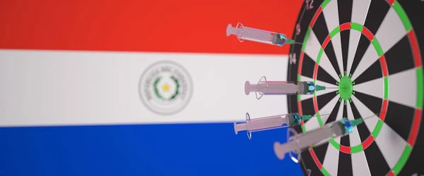 Seringas de vacina com texto e bandeira do Paraguai como fundo. Paraguai pesquisa médica e vacinação, renderização 3D — Fotografia de Stock