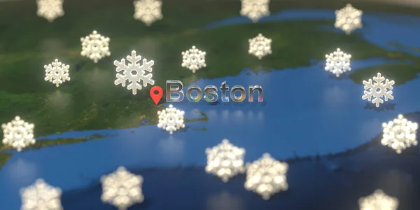 Boston város és havas időjárás ikon a térképen, időjárás előrejelzés kapcsolódó 3D renderelés — Stock Fotó