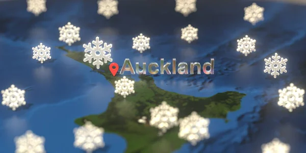 Snöiga väderikoner nära Auckland stad på kartan, Väderprognos relaterad 3D-rendering — Stockfoto
