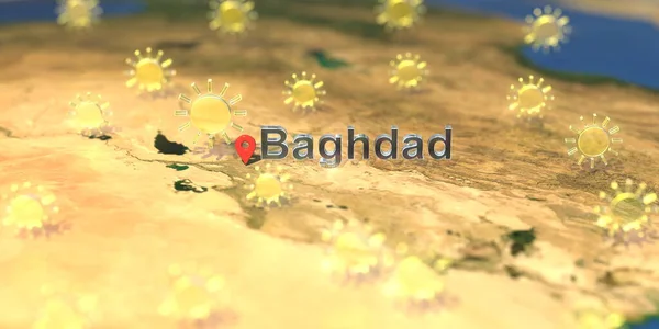 Słoneczne ikony pogody w pobliżu Bagdad na mapie, prognoza pogody związane z renderowaniem 3D — Zdjęcie stockowe