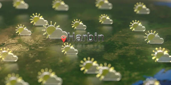 Частично облачные иконки погоды возле Харбина на карте, прогноз погоды связанный с 3D рендерингом — стоковое фото