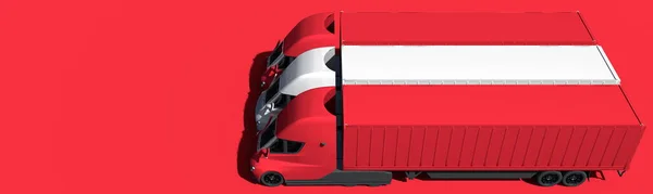Elektro-Lastwagen bilden die Flagge Österreichs auf rotem Hintergrund. 3D-Darstellung — Stockfoto