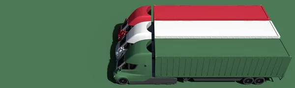 Camiones remolque eléctricos forman bandera de Hungría sobre fondo verde. renderizado 3d — Foto de Stock