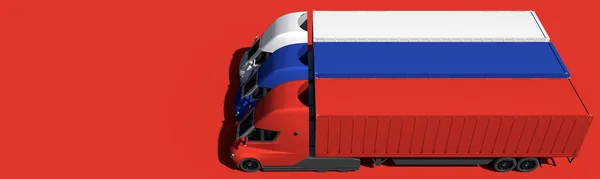 Sattelschlepper bilden die Flagge Russlands auf rotem Grund. 3D-Darstellung — Stockfoto