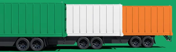 Trailers of the trucks form flag of Ireland on green background. 3d rendering — Stock Photo, Image