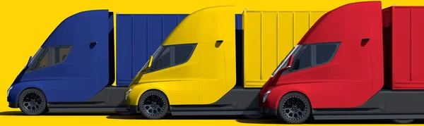 Kabiny ciężarówki przyczepy tworzą flagę Rumunii na żółtym tle. 3d renderowanie — Zdjęcie stockowe