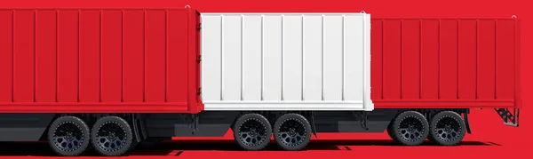 Trailer vrachtwagens vormen vlag van Peru op rode achtergrond. 3d destructie — Stockfoto