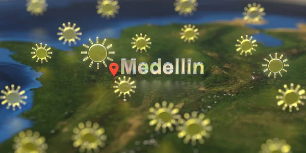 Napsütéses időjárás ikonok közelében Medellin város a térképen, időjárás előrejelzés kapcsolódó 3D renderelés — Stock Fotó