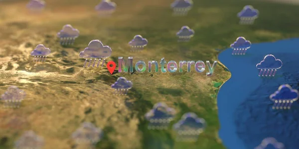 地图上蒙特雷市附近的雨天图标，与天气预报有关的3D渲染 — 图库照片