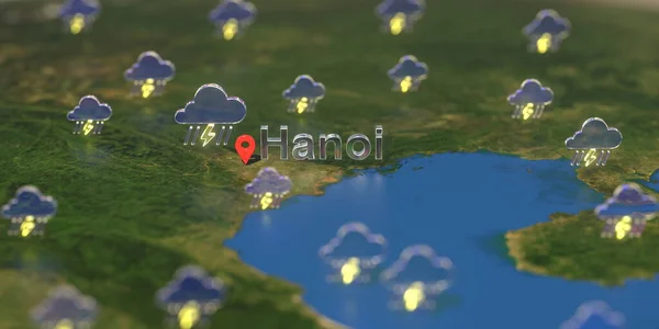 Штормовые иконки погоды рядом с Ханоем на карте, прогноз погоды на 3D рендеринг — стоковое фото