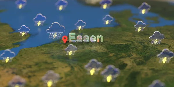 Stormy weather icons near Essen city on the map, weather forecast related 3D rendering — Stock Photo, Image