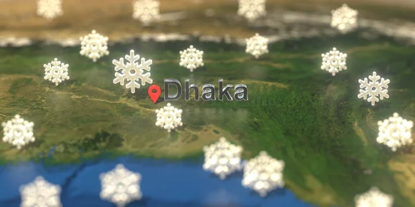 Сніжні метеорологічні ікони біля міста Дакка на карті, прогноз погоди пов'язаний з 3D рендерингом — стокове фото
