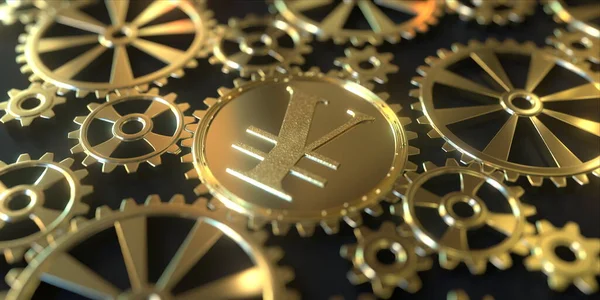 Yen sign on a golden gear or cog, conceptual financial 3D rendering — Stock Photo, Image