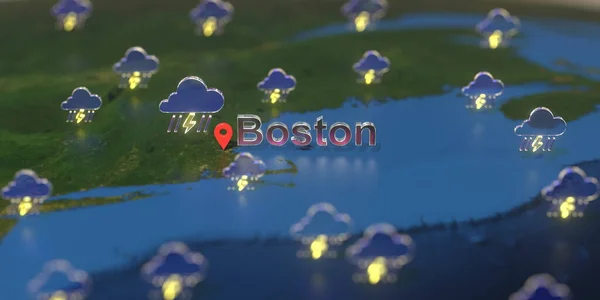 Boston city and stormy weather icon на карті, прогноз погоди пов'язаний 3D рендеринг — стокове фото