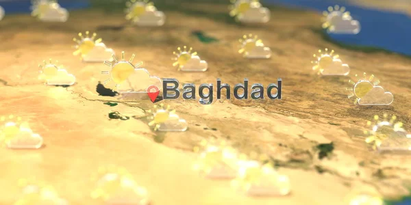 Częściowo zachmurzone ikony pogody w pobliżu Bagdadu na mapie, prognoza pogody związane z renderowaniem 3D — Zdjęcie stockowe