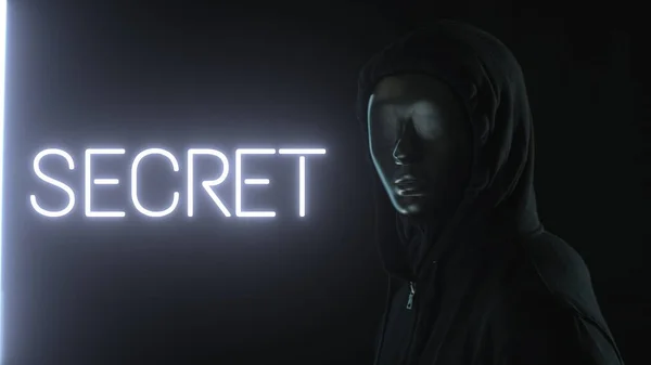 Mannen bär svart mask och ljuset avslöjar SECRET ord — Stockfoto
