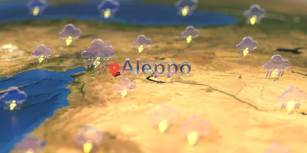 Stormy ikony pogody w pobliżu Aleppo na mapie, prognoza pogody związane z renderowaniem 3D — Zdjęcie stockowe