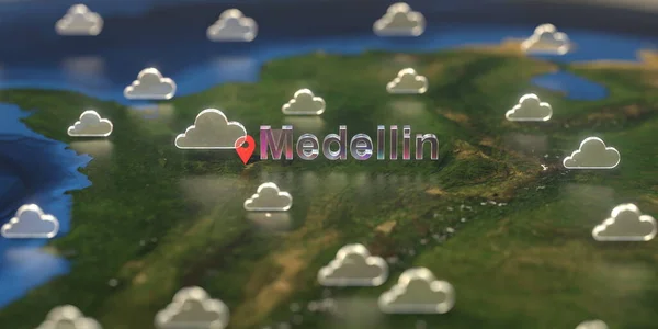 Cloudy weather icons near Medellin city on the map, weather forecast related 3D rendering — Stock fotografie