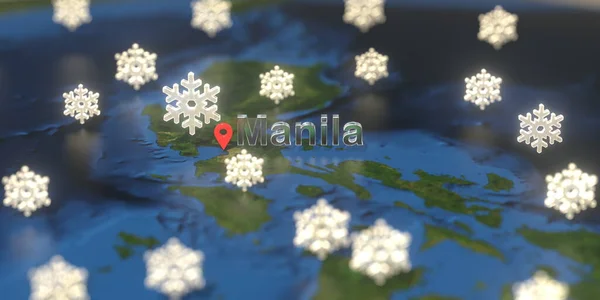 Manila stad och snöig väder ikon på kartan, Väderprognos relaterade 3D-rendering — Stockfoto