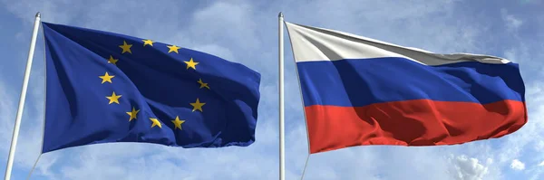 Flying flags of the European Union and Russia on high flagpoles (en inglés). renderizado 3d — Foto de Stock