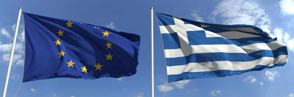 Nationell flagg från Europeiska unionen och Grekland, 3d destruering — Stockfoto