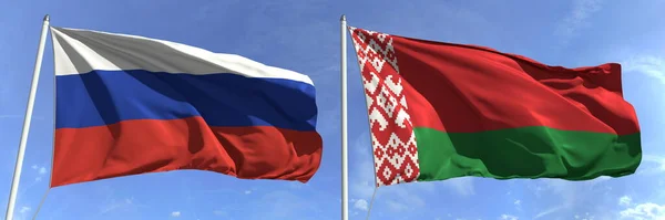 Repülő zászlók Oroszország és Fehéroroszország az ég háttér, 3d renderelés — Stock Fotó