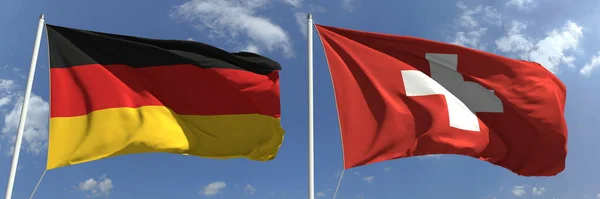 Flaggen von Deutschland und der Schweiz auf hohen Fahnenmasten. 3D-Darstellung — Stockfoto
