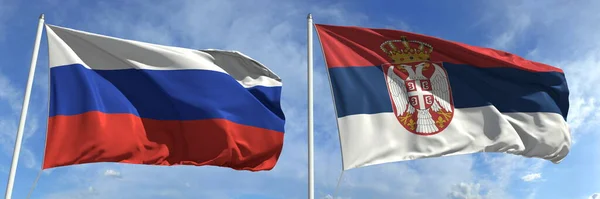 위켓 위에 러시아와 세르비아의 흔들리는 깃발 , 3d 렌더링 — 스톡 사진