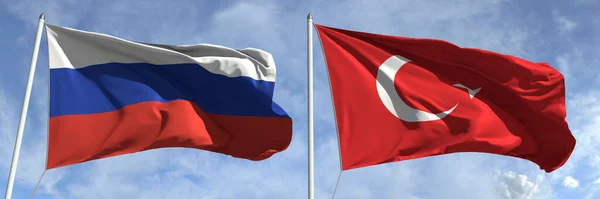 Bendera terbang Rusia dan Turki di tiang bendera tinggi. Rendering 3d — Stok Foto