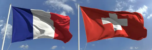 Flaggen von Frankreich und der Schweiz an Fahnenmasten. 3D-Darstellung — Stockfoto