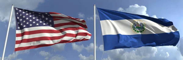 Σημαίες που φέρουν των ΗΠΑ και Ελ Σαλβαδόρ στο φόντο του ουρανού, 3d απόδοση — Φωτογραφία Αρχείου