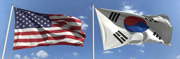 Bandeiras voadoras dos EUA e da Coreia no fundo do céu, renderização 3d — Fotografia de Stock