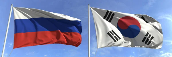 Bandeiras da Rússia e Coreia do Sul em mastins. Renderização 3d — Fotografia de Stock