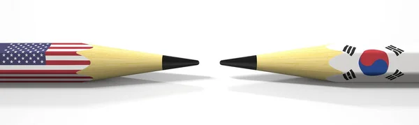Dois lápis com bandeiras dos EUA e da Coreia, conflito político relacionado 3D renderização — Fotografia de Stock