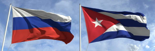 Oroszország és Kuba zászlói a zászlórúdon. 3D-s renderelés — Stock Fotó
