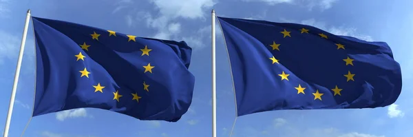 Banderas ondeadoras de la Unión Europea en asta de bandera. renderizado 3d — Foto de Stock