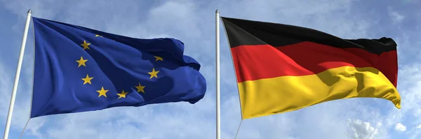 Flaggen der Europäischen Union und Deutschlands auf hohen Fahnenmasten. 3D-Darstellung — Stockfoto