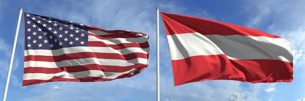 Flying flags of the United States and Austria on high flagpoles (en inglés). renderizado 3d — Foto de Stock