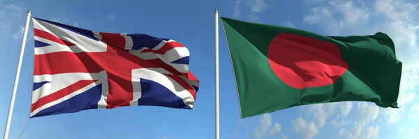 Flying flags of Great Britain and Bangladesh on high flagpoles. 3d rendering — Stock Photo, Image