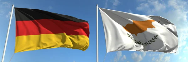 Flying banderas de Alemania y Chipre en el fondo del cielo, 3d renderizado — Foto de Stock