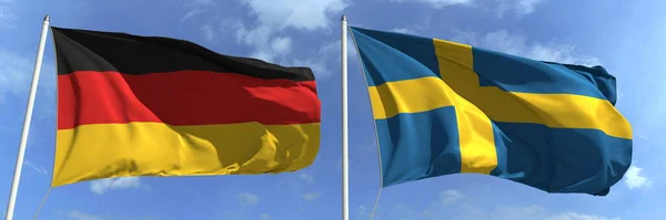 Powiewające flagi Niemiec i Szwecji na wysokich masztach. 3d renderowanie — Zdjęcie stockowe