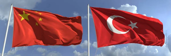 Bandeiras voadoras da China e da Turquia no fundo do céu, renderização 3d — Fotografia de Stock
