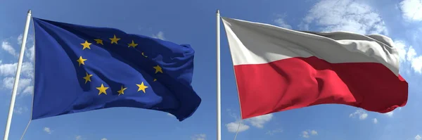 Banderas ondeando de la Unión Europea y Polonia sobre asta de bandera, 3d rendering — Foto de Stock