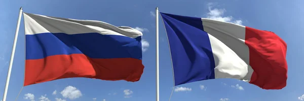 Drapeaux volants de la Russie et de la France sur fond de ciel, rendu 3d — Photo