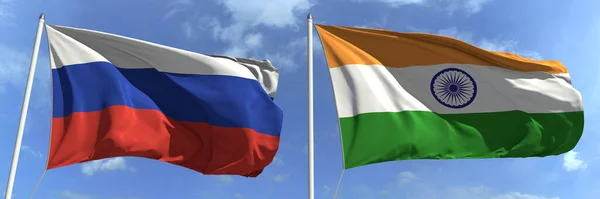 Ondeando banderas de Rusia y la India en los asta de la bandera, 3d renderizado — Foto de Stock