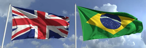 Bandeiras voadoras da Grã-Bretanha e do Brasil no fundo do céu, renderização 3d — Fotografia de Stock