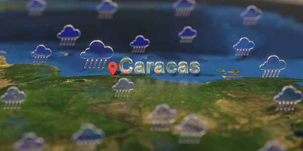 Rainy weather icons near Caracas city on the map, weather forecast related 3D rendering — Stock Photo, Image