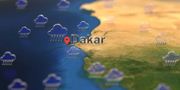 Dakar ciudad y el tiempo lluvioso icono en el mapa, pronóstico del tiempo relacionado 3D renderizado —  Fotos de Stock