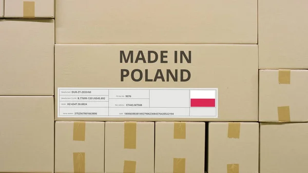 HECHO EN POLONIA texto y etiqueta de la bandera en el cartón en un almacenamiento. Concepto de distribución —  Fotos de Stock