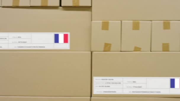 MADE IN FRANKRIJK tekst en markering op de doos in een opslagruimte — Stockvideo